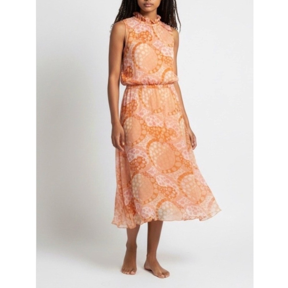 Agnona Silk Polka‎ Dot Mock Neck Midi Dress Women's 8 Orange Quiet Luxury